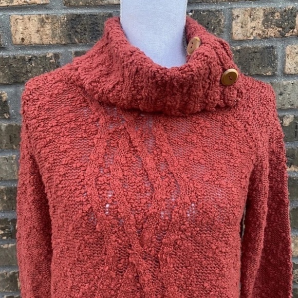 Anthropologie Sweater Size Small Red Cowl Neck Cable Knit Moth Pullover Button. - Picture 2 of 4